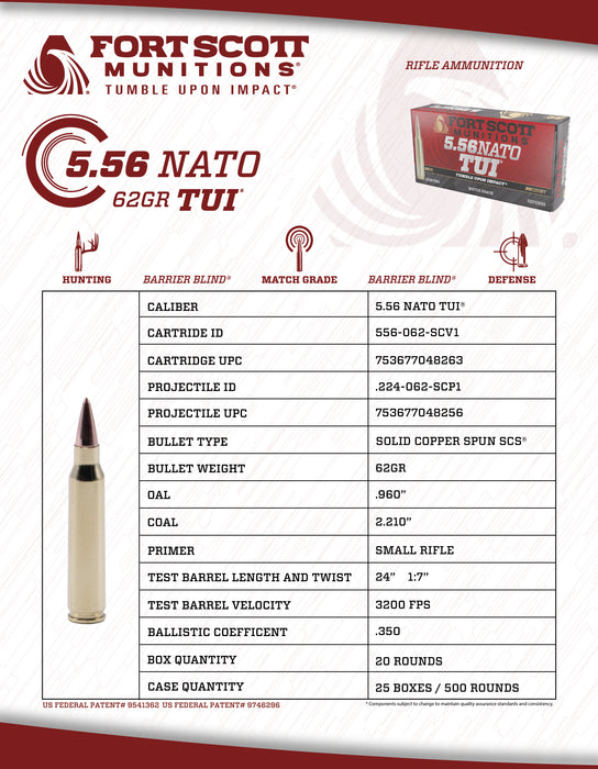 5.56 NATO SCS® TUI® - 62Gr Solid Copper Ammo