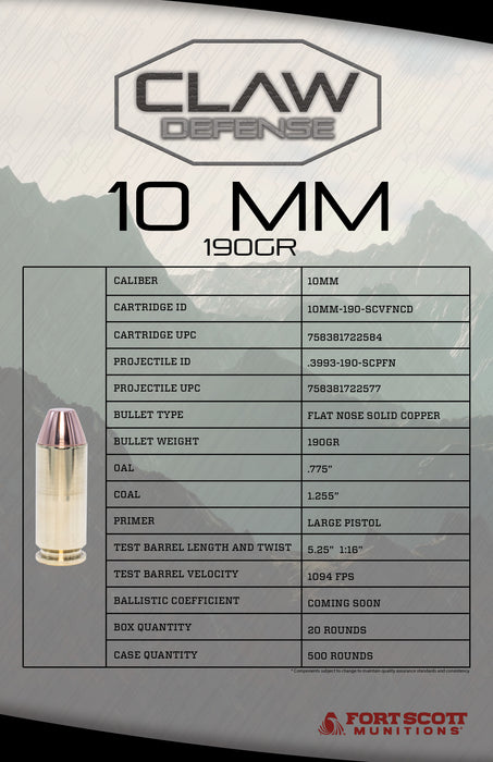 Claw Defense Ammunition 10MM 190GR