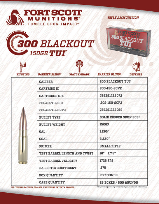 300 Blackout SCS® TUI® - 150Gr Solid Copper Ammo