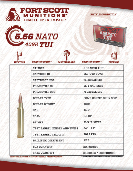 5.56 NATO SCS® TUI® - 40Gr Solid Copper Ammo