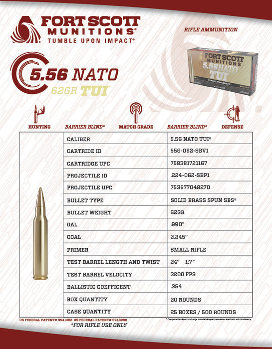 5.56 NATO SBS® TUI® - 62Gr Solid Brass Ammo