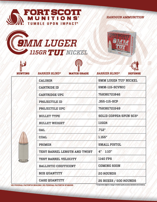 9MM Luger TUI® - 115Gr Solid Copper Nickel Plated Casing 9mm Solid Copper Ammo