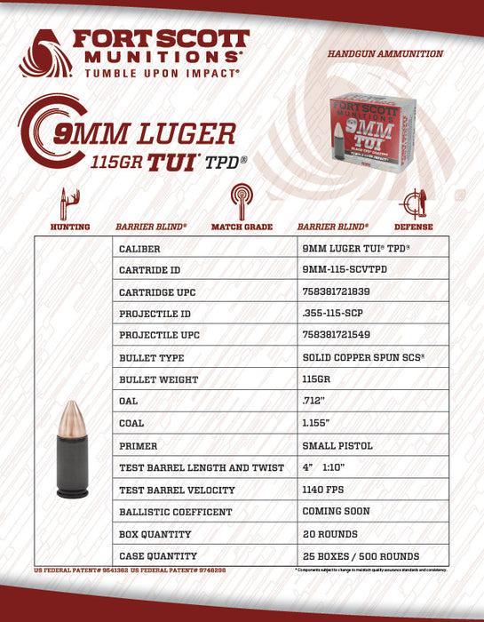 9MM Luger TUI® - 115Gr TPD-9® Solid 9mm Copper Ammo