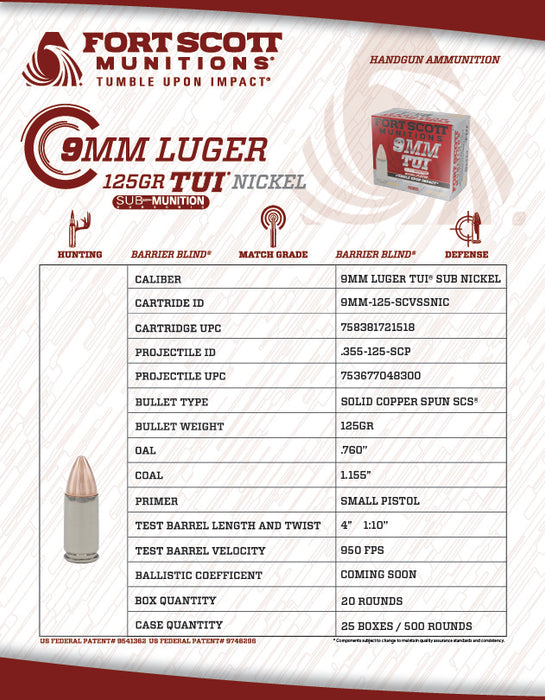 9MM Sub-Munition® TUI® - 125Gr Nickel Plated Casing Solid Copper Ammo