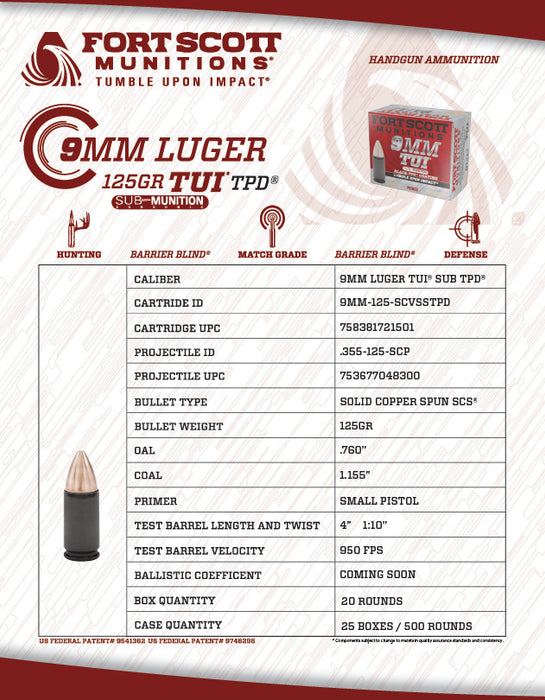 9MM Sub-Munition® TUI® - 125Gr TPD-9® Solid Copper Subsonic Ammo
