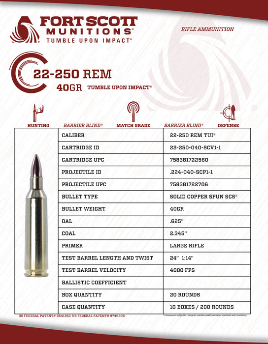 22-250 Rem Ammo SCS® TUI® - 40Gr Solid Copper Ammo