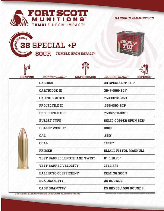 38 Special +P TUI® - 80Gr Solid Copper Ammo