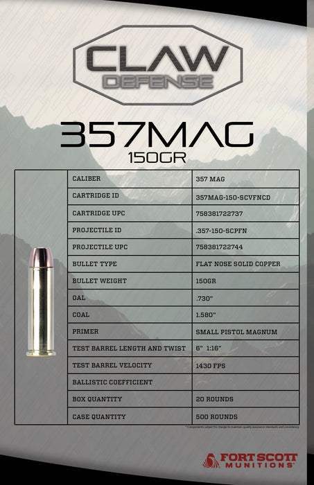 Claw Defense Ammunition 357 MAG 150GR