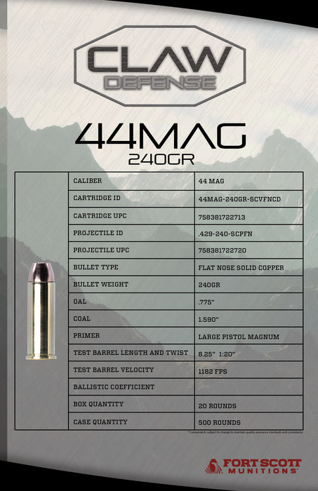 Claw Defense Ammunition 44 MAG 240GR