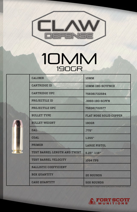 Claw Defense Ammunition 10MM 190GR